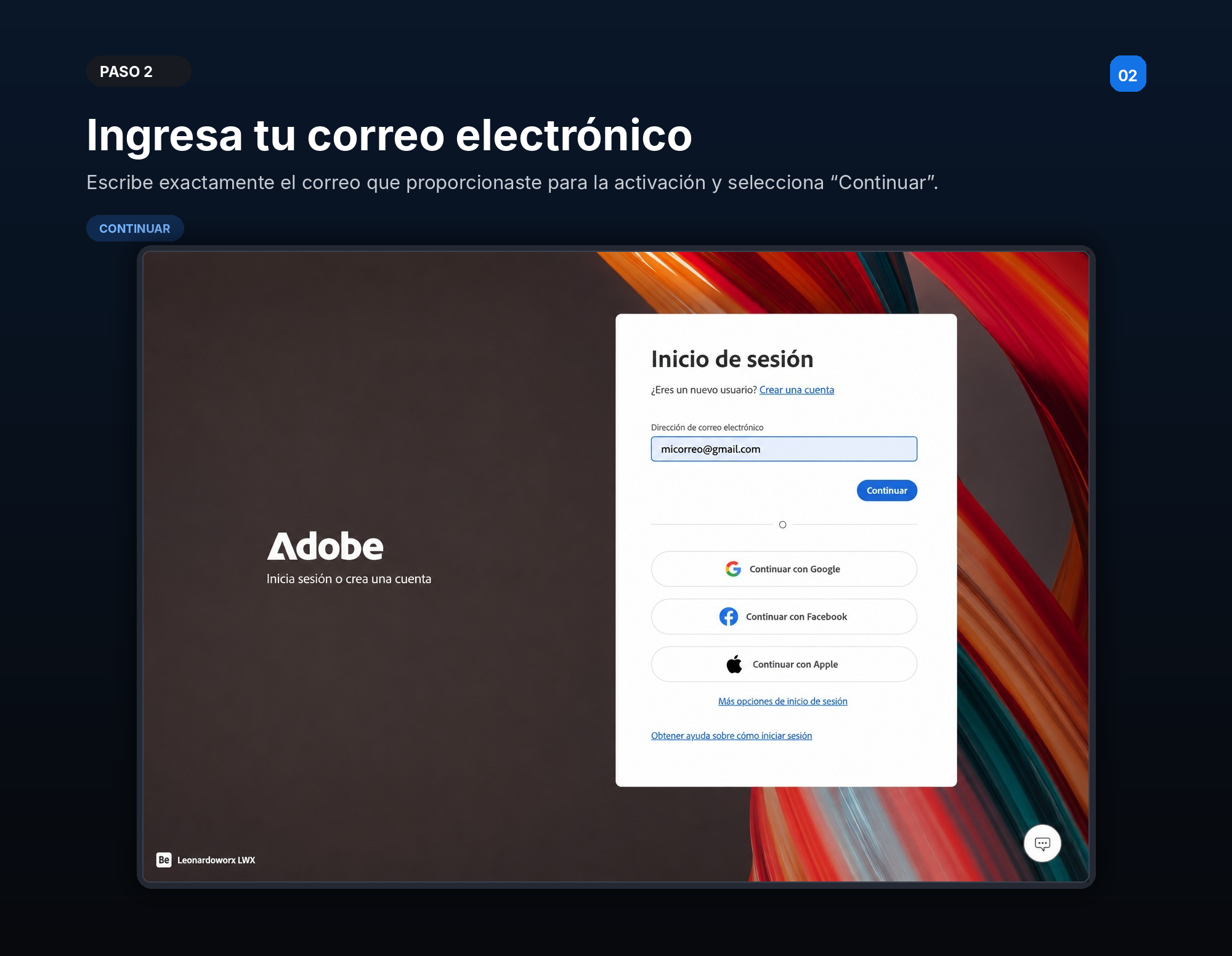 Paso 2 — Ingresa tu correo electrónico: escribe exactamente el correo que diste para la activación y pulsa «Continuar».