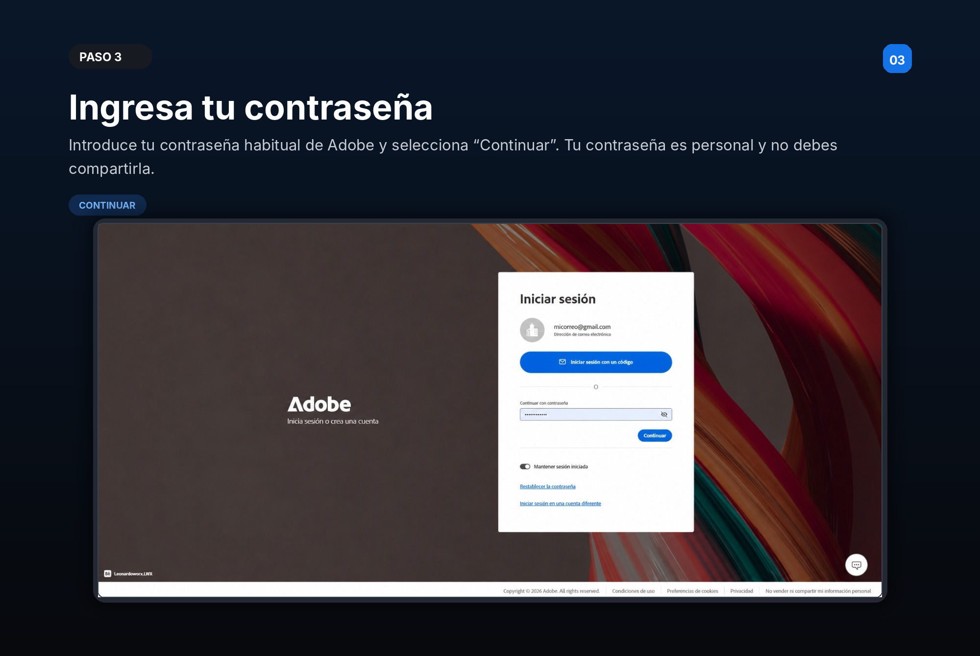 Paso 3 — Ingresa tu contraseña: escribe la contraseña de tu cuenta Adobe y continúa.